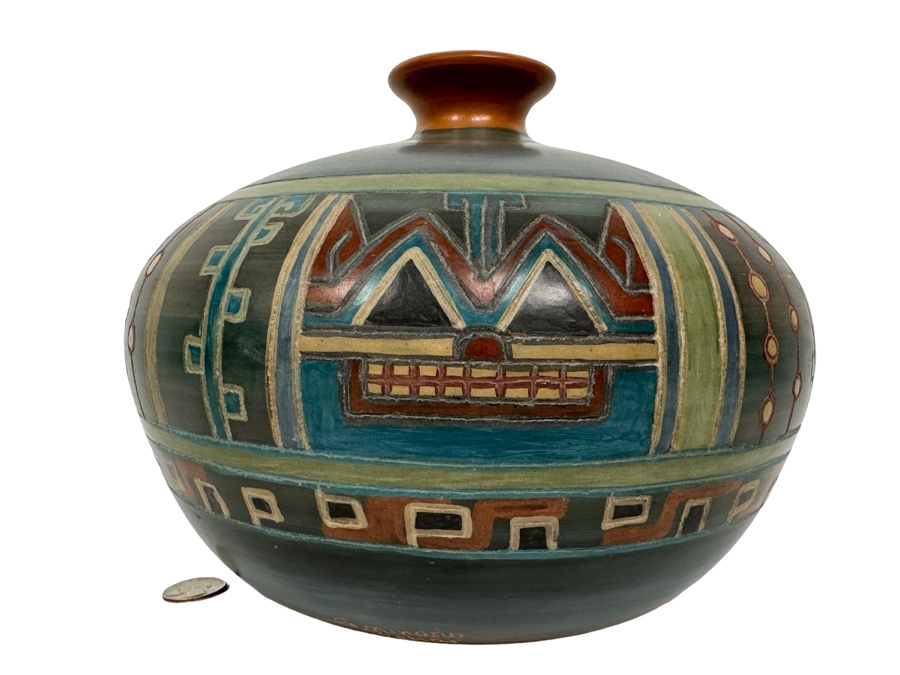 Handmade Signed Seminario Behar Urubamba Cusco Peru Pottery Vase 10W X 9H [Photo 1]