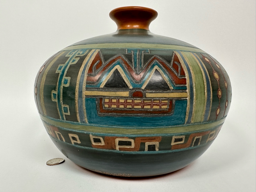 Handmade Signed Seminario Behar Urubamba Cusco Peru Pottery Vase 10W X 9H [Photo 3]