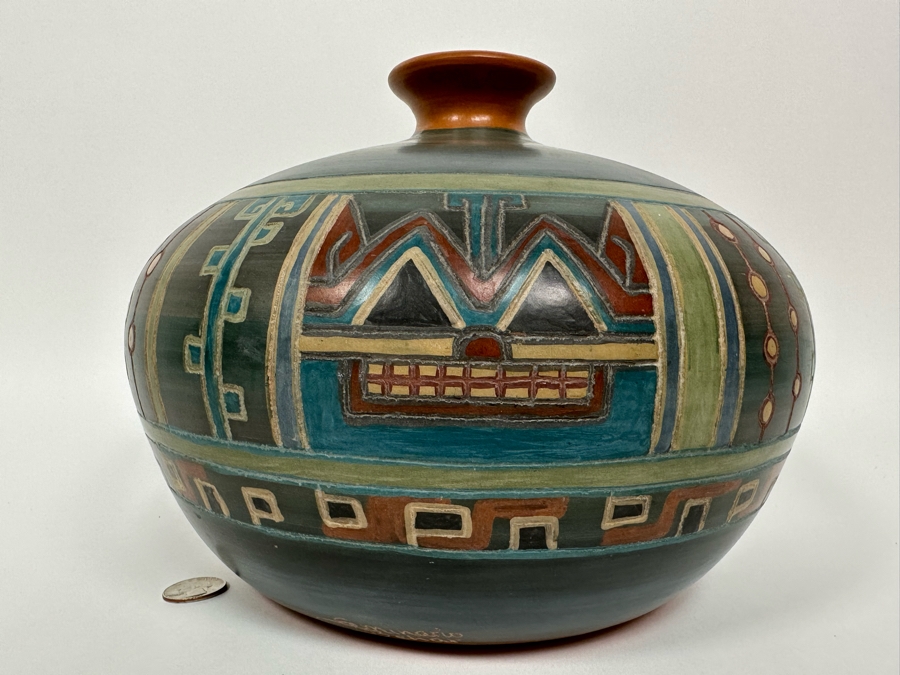 Handmade Signed Seminario Behar Urubamba Cusco Peru Pottery Vase 10W X 9H [Photo 2]