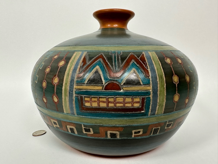 Handmade Signed Seminario Behar Urubamba Cusco Peru Pottery Vase 10W X 9H [Photo 7]