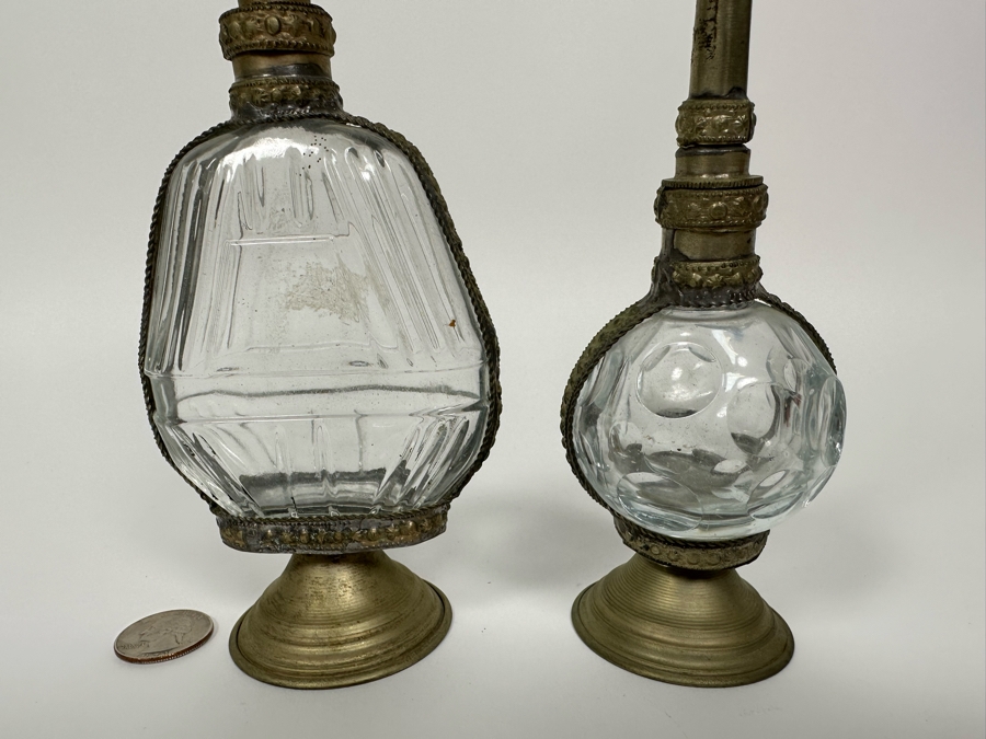 Pair Of Antique Moorish Moroccan Glass Perfume Bottles With Embossed Metal Overlay  [Photo 4]