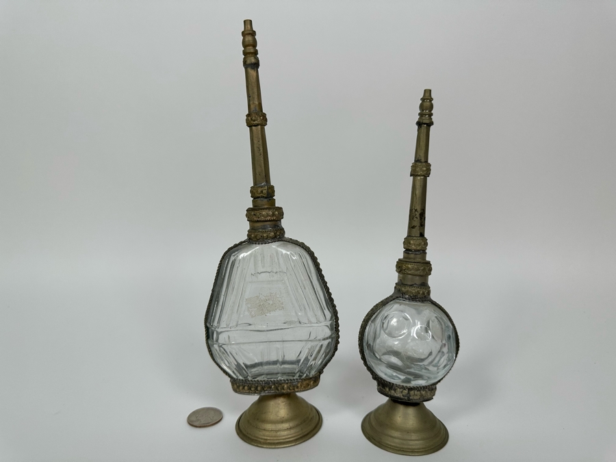 Pair Of Antique Moorish Moroccan Glass Perfume Bottles With Embossed Metal Overlay  [Photo 6]