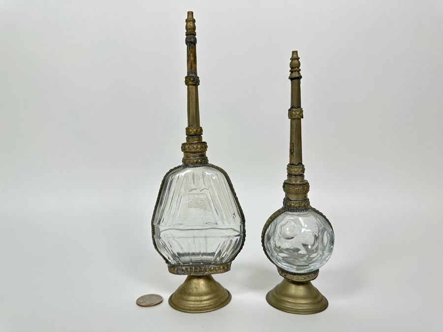 Pair Of Antique Moorish Moroccan Glass Perfume Bottles With Embossed Metal Overlay  [Photo 2]
