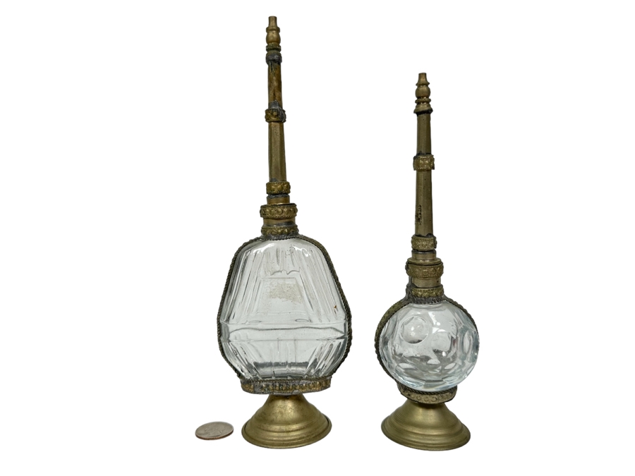 Pair Of Antique Moorish Moroccan Glass Perfume Bottles With Embossed Metal Overlay 