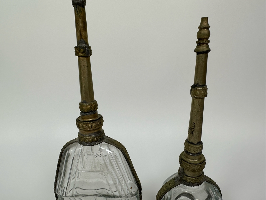 Pair Of Antique Moorish Moroccan Glass Perfume Bottles With Embossed Metal Overlay  [Photo 5]
