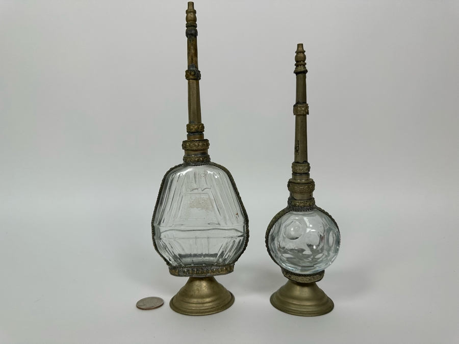 Pair Of Antique Moorish Moroccan Glass Perfume Bottles With Embossed Metal Overlay  [Photo 3]