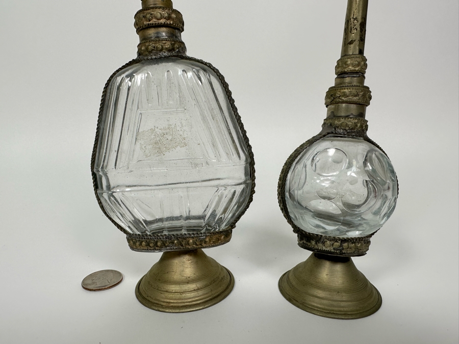 Pair Of Antique Moorish Moroccan Glass Perfume Bottles With Embossed Metal Overlay  [Photo 7]