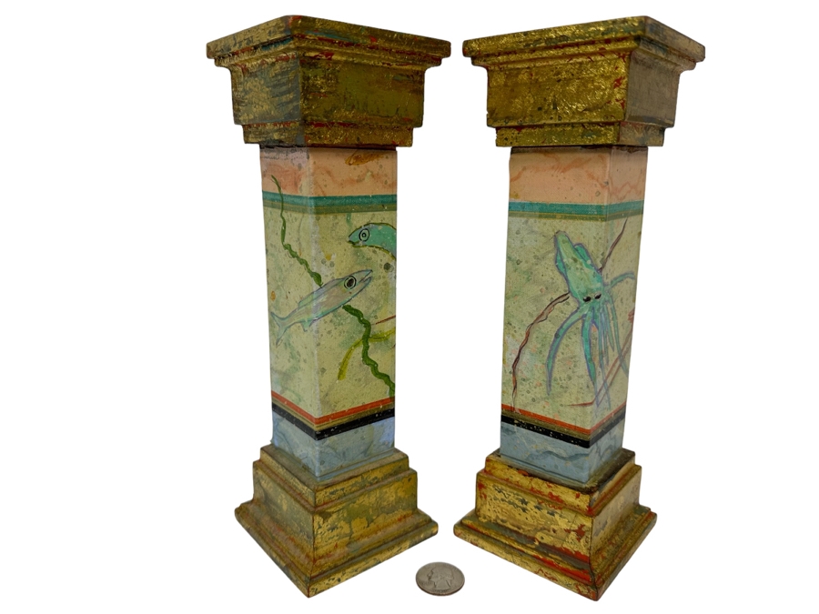 Pair Of Hand Painted Wooden Candlesticks Each Signed Dreher Underneath  [Photo 1]