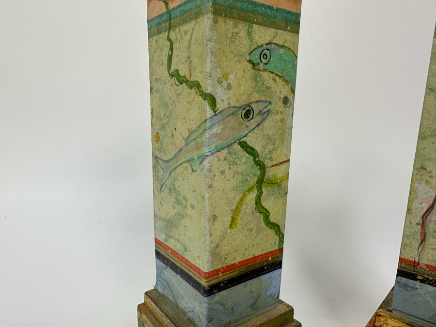 Pair Of Hand Painted Wooden Candlesticks Each Signed Dreher Underneath  [Photo 4]