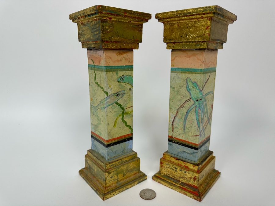 Pair Of Hand Painted Wooden Candlesticks Each Signed Dreher Underneath  [Photo 2]