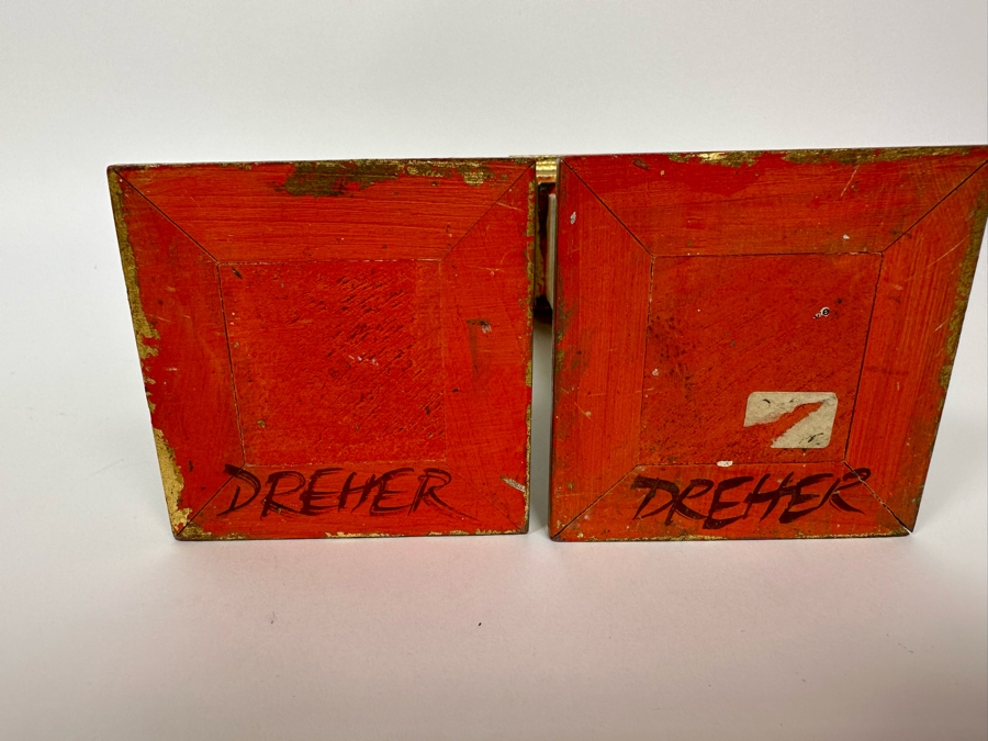 Pair Of Hand Painted Wooden Candlesticks Each Signed Dreher Underneath  [Photo 8]