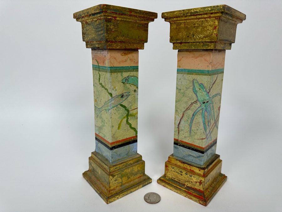 Pair Of Hand Painted Wooden Candlesticks Each Signed Dreher Underneath  [Photo 3]