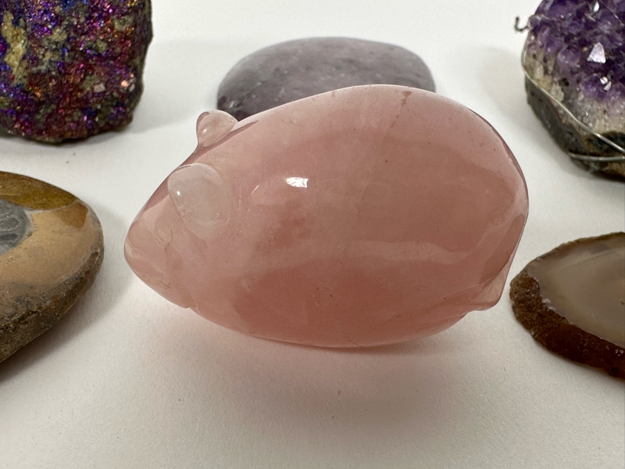 Collection Of Various Rocks (Including Amethyst Pendant And Carved Rose Quartz Rat) And Fossil - See Photos [Photo 5]