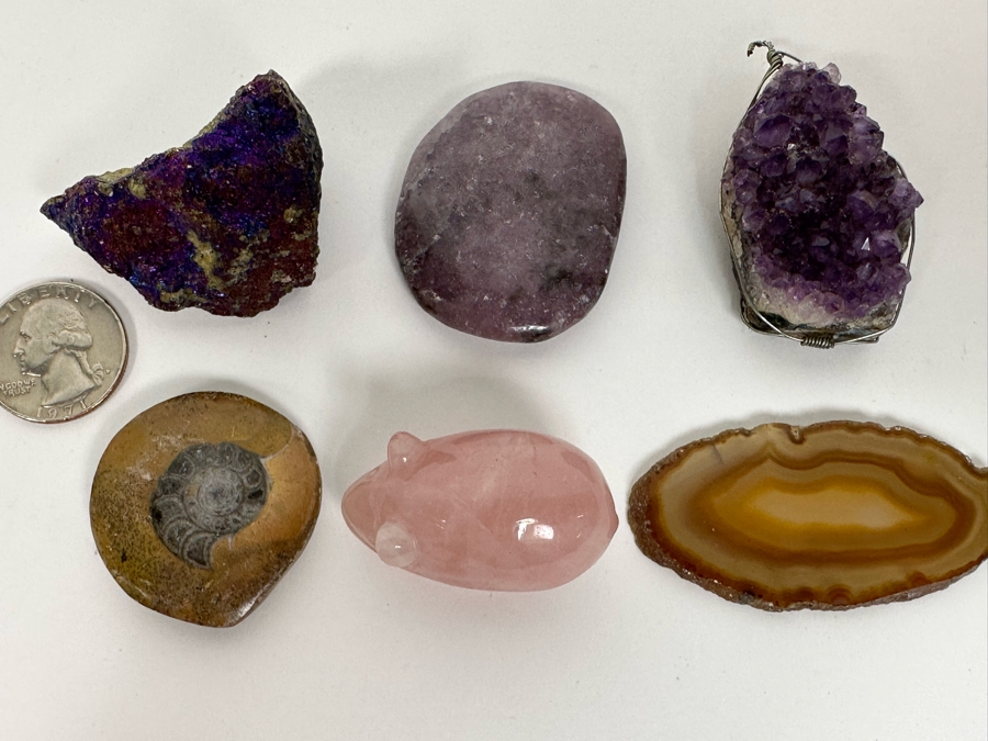 Collection Of Various Rocks (Including Amethyst Pendant And Carved Rose Quartz Rat) And Fossil - See Photos [Photo 2]