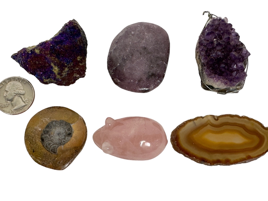 Collection Of Various Rocks (Including Amethyst Pendant And Carved Rose Quartz Rat) And Fossil - See Photos