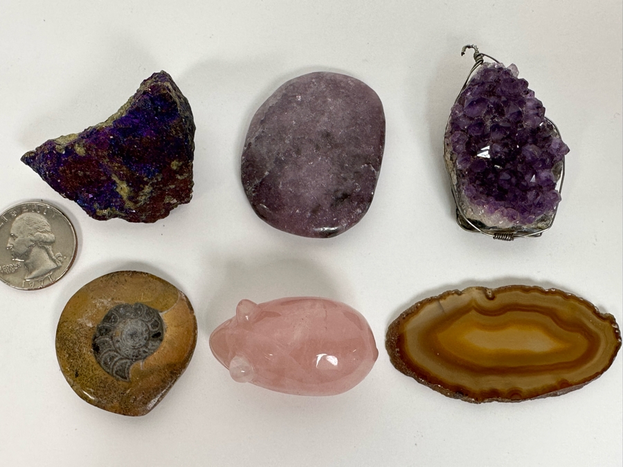 Collection Of Various Rocks (Including Amethyst Pendant And Carved Rose Quartz Rat) And Fossil - See Photos [Photo 3]