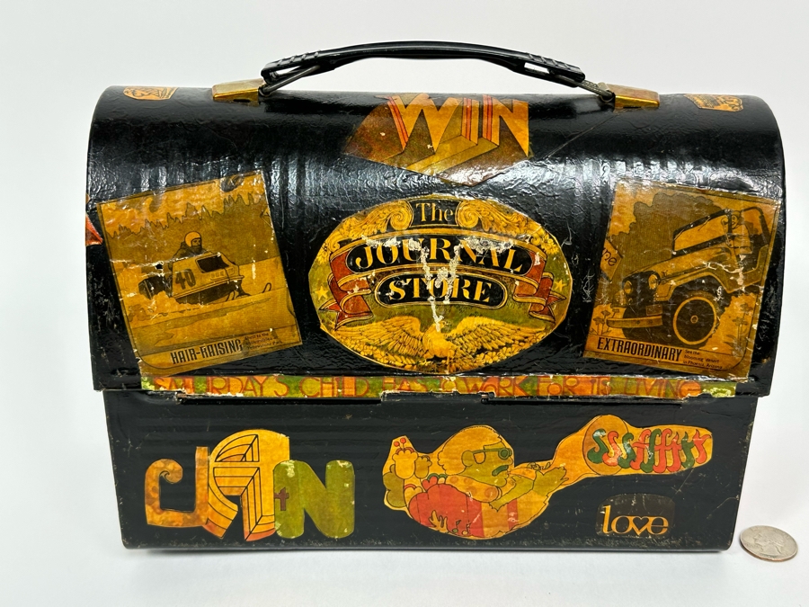 Vintage Metal Thermos Lunchbox Decorated With Various American Pop-Culture MCM Clippings Stickers 10W X 5D X 8H [Photo 7]