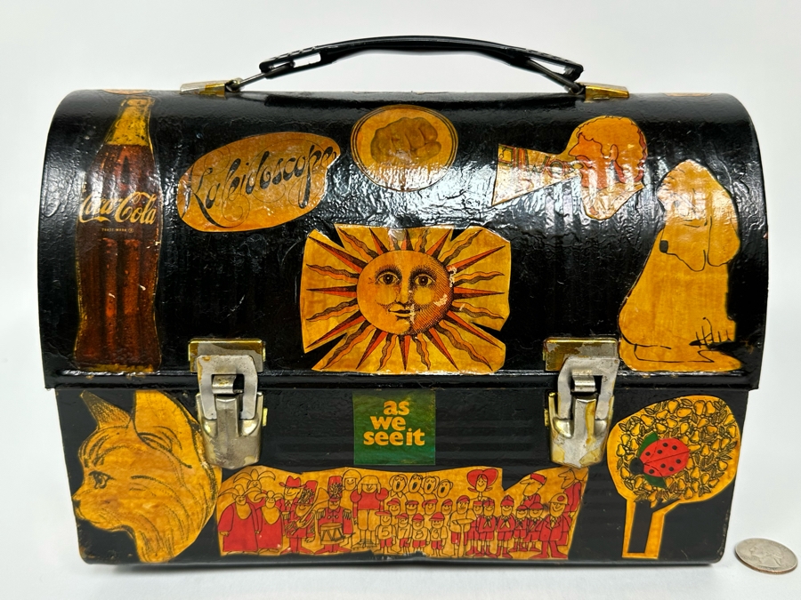 Vintage Metal Thermos Lunchbox Decorated With Various American Pop-Culture MCM Clippings Stickers 10W X 5D X 8H [Photo 3]