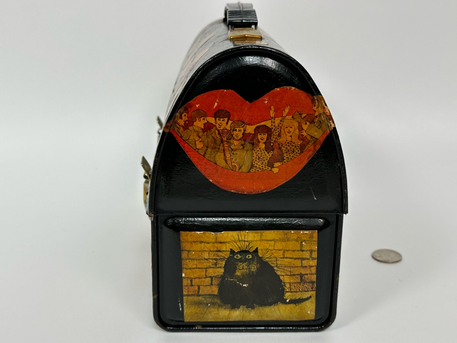 Vintage Metal Thermos Lunchbox Decorated With Various American Pop-Culture MCM Clippings Stickers 10W X 5D X 8H [Photo 8]