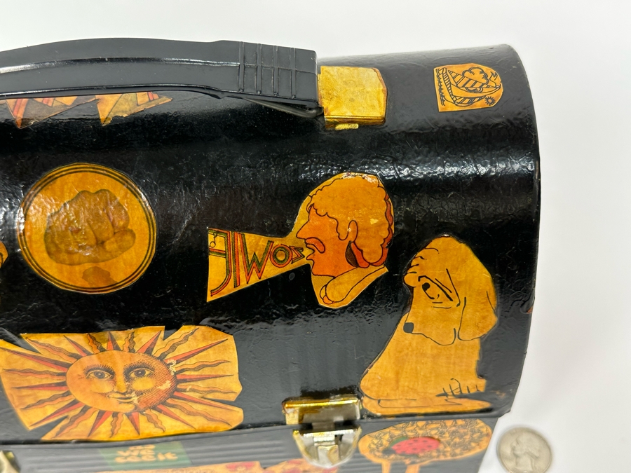 Vintage Metal Thermos Lunchbox Decorated With Various American Pop-Culture MCM Clippings Stickers 10W X 5D X 8H [Photo 5]