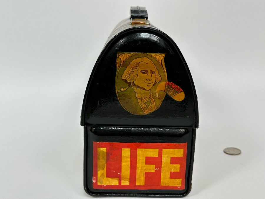 Vintage Metal Thermos Lunchbox Decorated With Various American Pop-Culture MCM Clippings Stickers 10W X 5D X 8H [Photo 6]