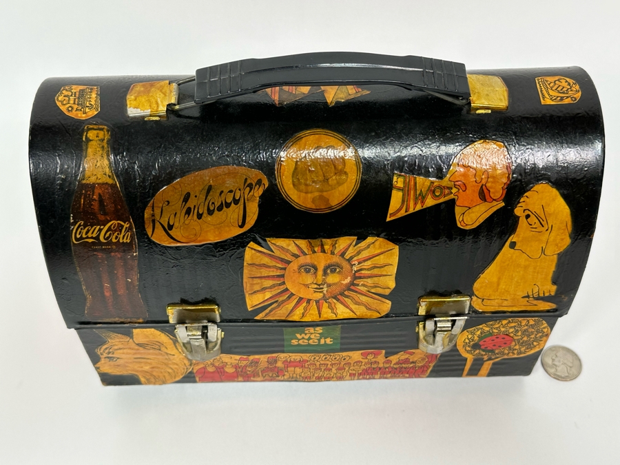 Vintage Metal Thermos Lunchbox Decorated With Various American Pop-Culture MCM Clippings Stickers 10W X 5D X 8H [Photo 4]