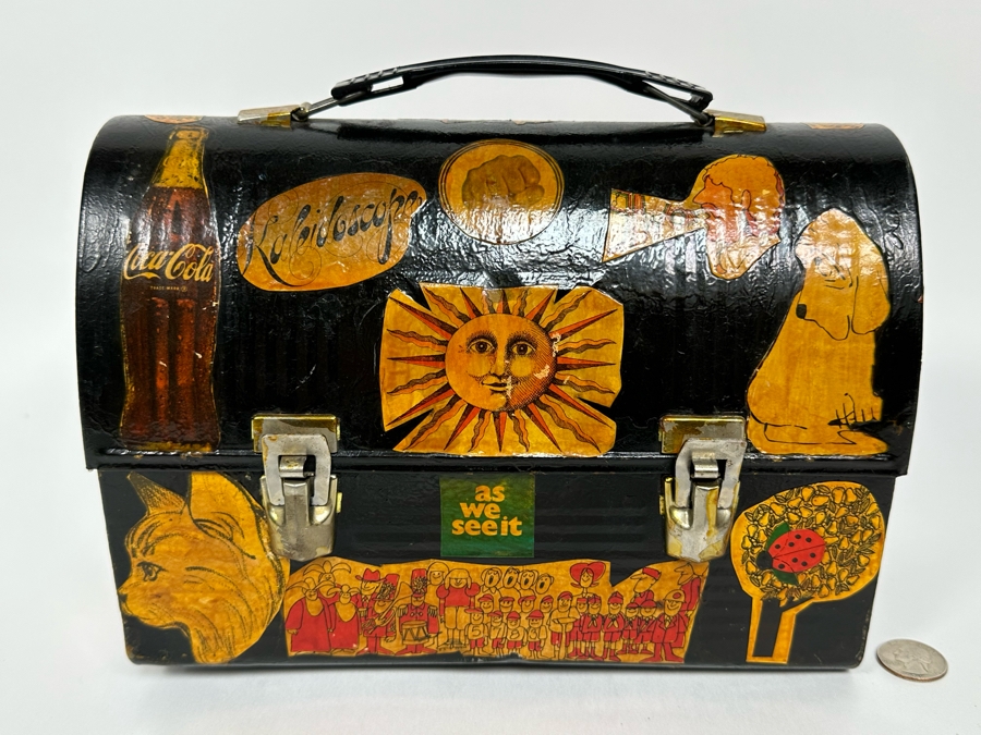 Vintage Metal Thermos Lunchbox Decorated With Various American Pop-Culture MCM Clippings Stickers 10W X 5D X 8H [Photo 2]