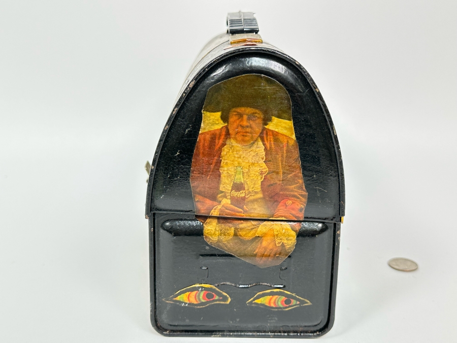 Vintage Metal Thermos Lunchbox Decorated With Various American Pop-Culture MCM Clippings Stickers 10W X 5D X 8H [Photo 5]