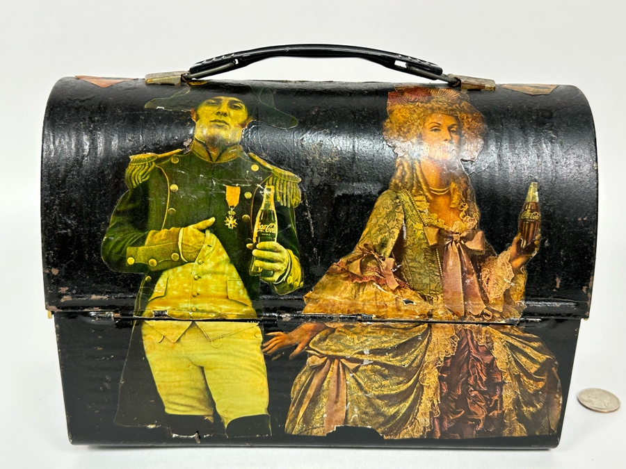 Vintage Metal Thermos Lunchbox Decorated With Various American Pop-Culture MCM Clippings Stickers 10W X 5D X 8H [Photo 6]