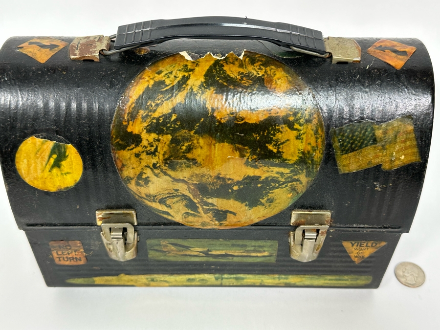 Vintage Metal Thermos Lunchbox Decorated With Various American Pop-Culture MCM Clippings Stickers 10W X 5D X 8H [Photo 4]