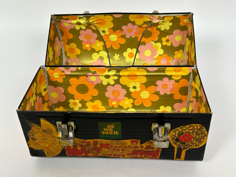 Vintage Metal Thermos Lunchbox Decorated With Various American Pop-Culture MCM Clippings Stickers 10W X 5D X 8H [Photo 11]