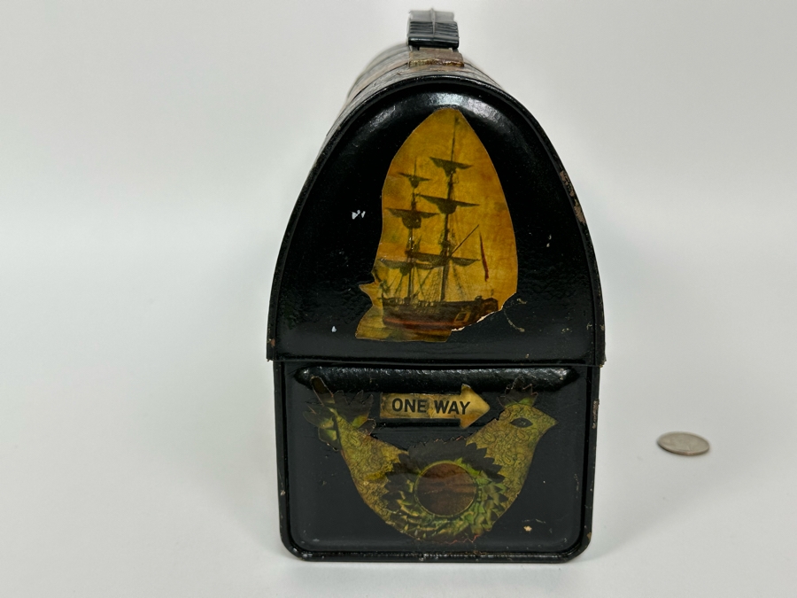 Vintage Metal Thermos Lunchbox Decorated With Various American Pop-Culture MCM Clippings Stickers 10W X 5D X 8H [Photo 8]