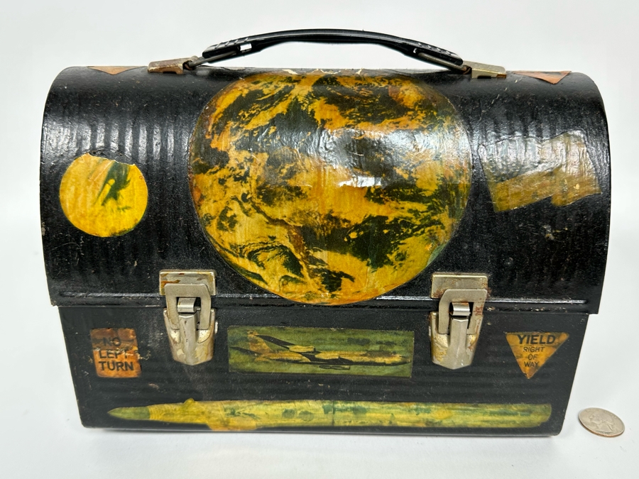 Vintage Metal Thermos Lunchbox Decorated With Various American Pop-Culture MCM Clippings Stickers 10W X 5D X 8H [Photo 2]