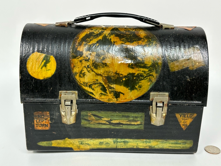 Vintage Metal Thermos Lunchbox Decorated With Various American Pop-Culture MCM Clippings Stickers 10W X 5D X 8H [Photo 3]