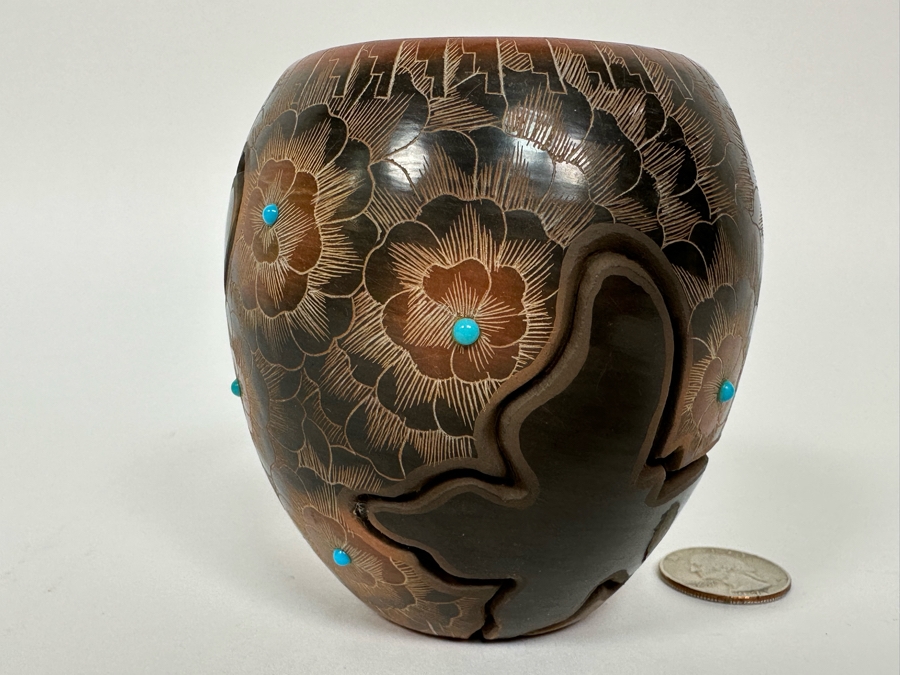 Julie Gutierrez Signed Hand Carved Pottery With Turqoise Cup J. Tapia Santa Clara Pueblo 3.5W X 3.5H [Photo 5]