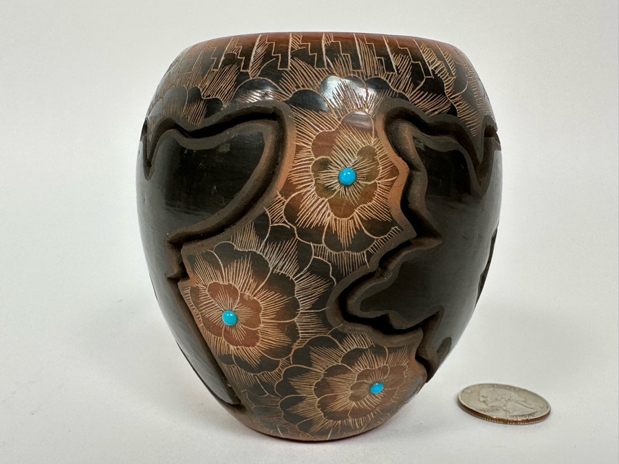 Julie Gutierrez Signed Hand Carved Pottery With Turqoise Cup J. Tapia Santa Clara Pueblo 3.5W X 3.5H [Photo 3]