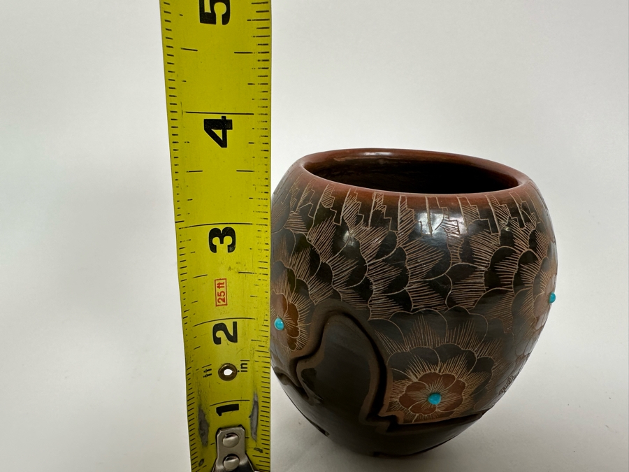 Julie Gutierrez Signed Hand Carved Pottery With Turqoise Cup J. Tapia Santa  Clara Pueblo 3.5W X 3.5H