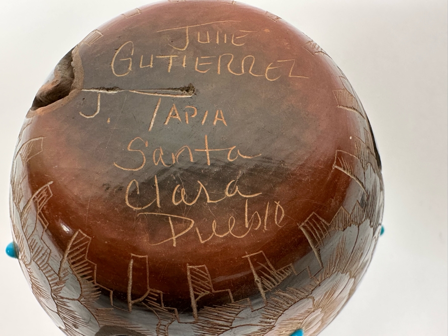 Julie Gutierrez Signed Hand Carved Pottery With Turqoise Cup J. Tapia Santa Clara Pueblo 3.5W X 3.5H [Photo 11]
