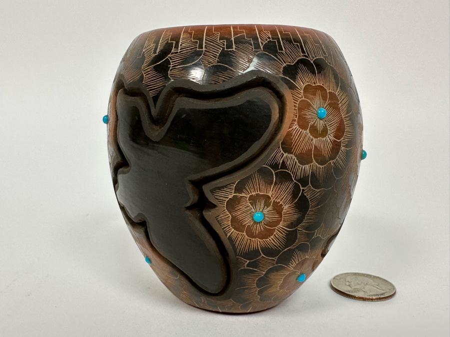 Julie Gutierrez Signed Hand Carved Pottery With Turqoise Cup J. Tapia Santa Clara Pueblo 3.5W X 3.5H [Photo 4]