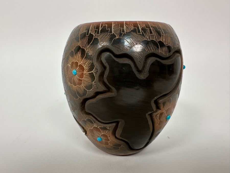 Julie Gutierrez Signed Hand Carved Pottery With Turqoise Cup J. Tapia Santa Clara Pueblo 3.5W X 3.5H [Photo 8]
