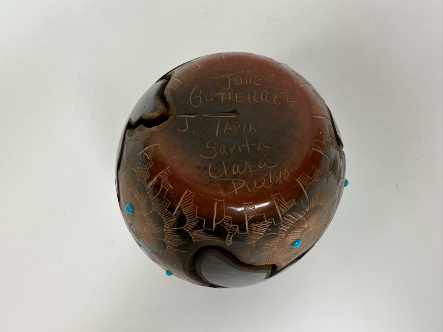 Julie Gutierrez Signed Hand Carved Pottery With Turqoise Cup J. Tapia Santa Clara Pueblo 3.5W X 3.5H [Photo 9]
