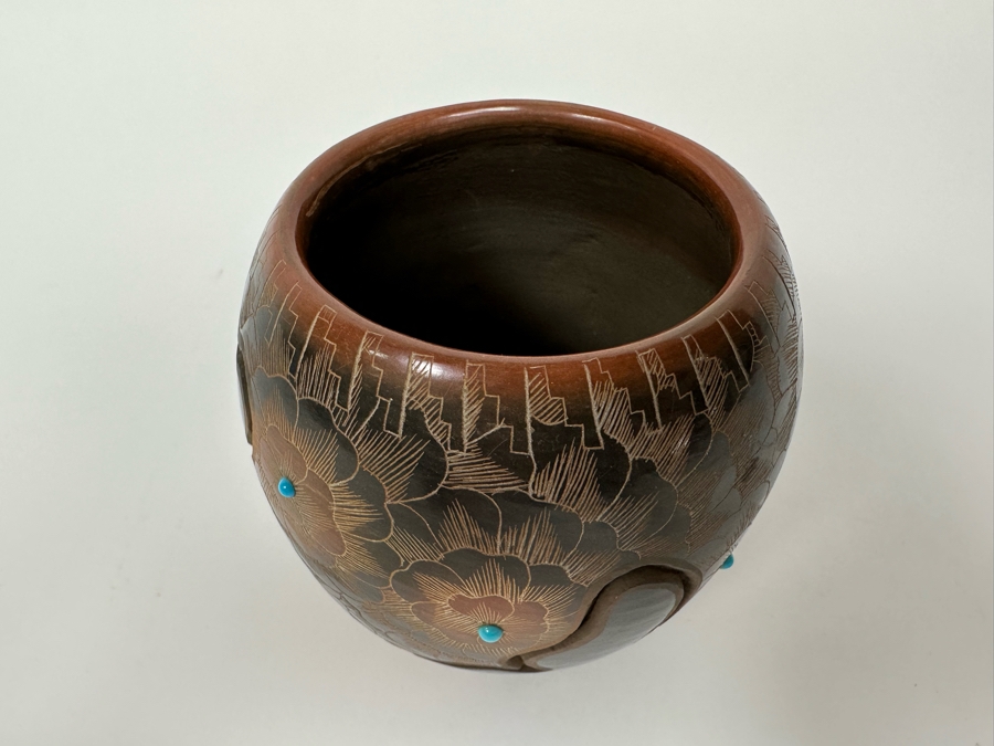 Julie Gutierrez Signed Hand Carved Pottery With Turqoise Cup J. Tapia Santa Clara Pueblo 3.5W X 3.5H [Photo 7]