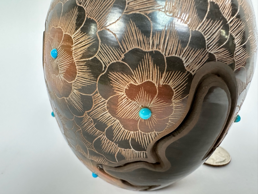 Julie Gutierrez Signed Hand Carved Pottery With Turqoise Cup J. Tapia Santa Clara Pueblo 3.5W X 3.5H [Photo 6]