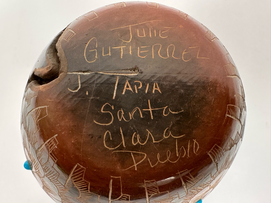 Julie Gutierrez Signed Hand Carved Pottery With Turqoise Cup J. Tapia Santa Clara Pueblo 3.5W X 3.5H [Photo 10]