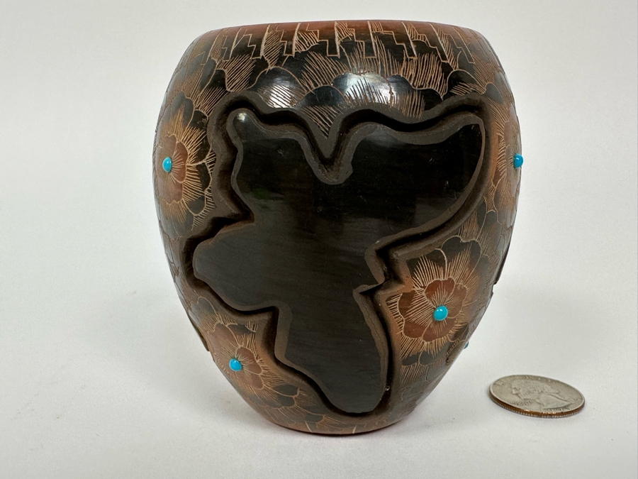 Julie Gutierrez Signed Hand Carved Pottery With Turqoise Cup J. Tapia Santa Clara Pueblo 3.5W X 3.5H [Photo 2]