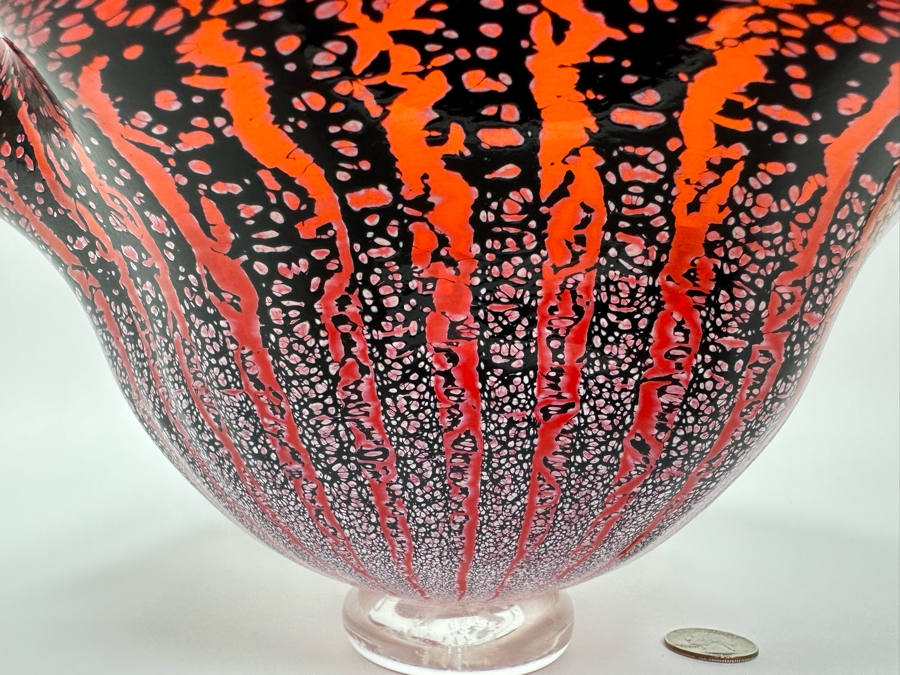 Stunning Scalloped Flared Art Glass Bowl Artist Signed Underneath 9.5W X 5H [Photo 9]
