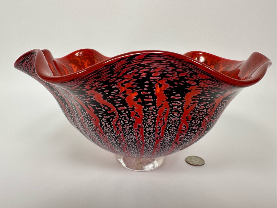 Stunning Scalloped Flared Art Glass Bowl Artist Signed Underneath 9.5W X 5H [Photo 3]