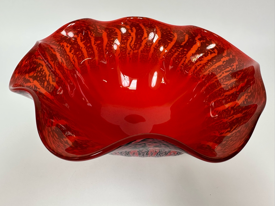 Stunning Scalloped Flared Art Glass Bowl Artist Signed Underneath 9.5W X 5H [Photo 7]