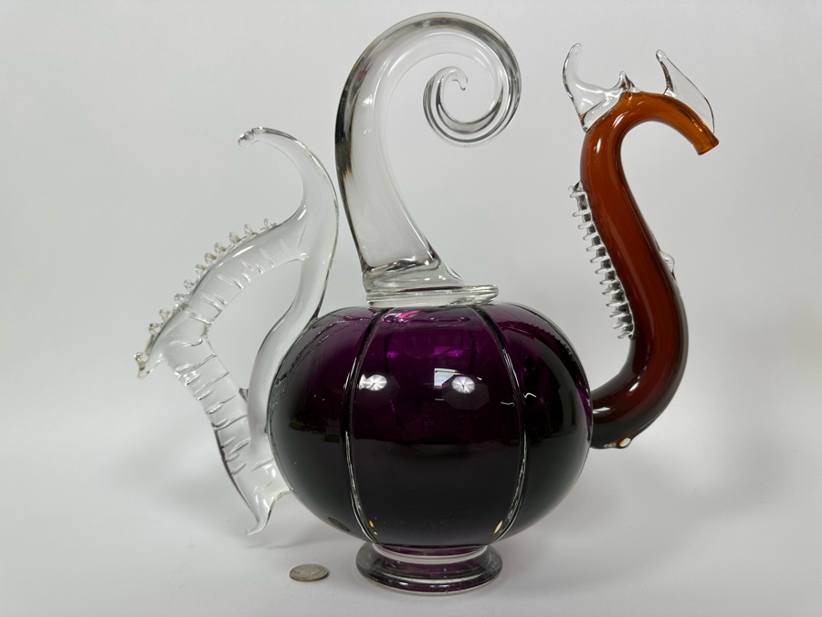 Large Art Glass Carafe With Stopper In Form Of A Dragon Signed New Bay Glass 2001 Chip On Base Very Heavy 8.5W X 14H [Photo 3]