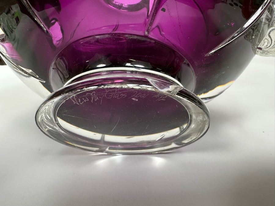 Large Art Glass Carafe With Stopper In Form Of A Dragon Signed New Bay Glass 2001 Chip On Base Very Heavy 8.5W X 14H [Photo 22]